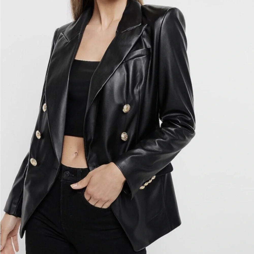 EXPRESS BLACK FAUX LEATHER Gold Novelty Button Double Breasted BLAZER JACKET - Picture 5 of 6